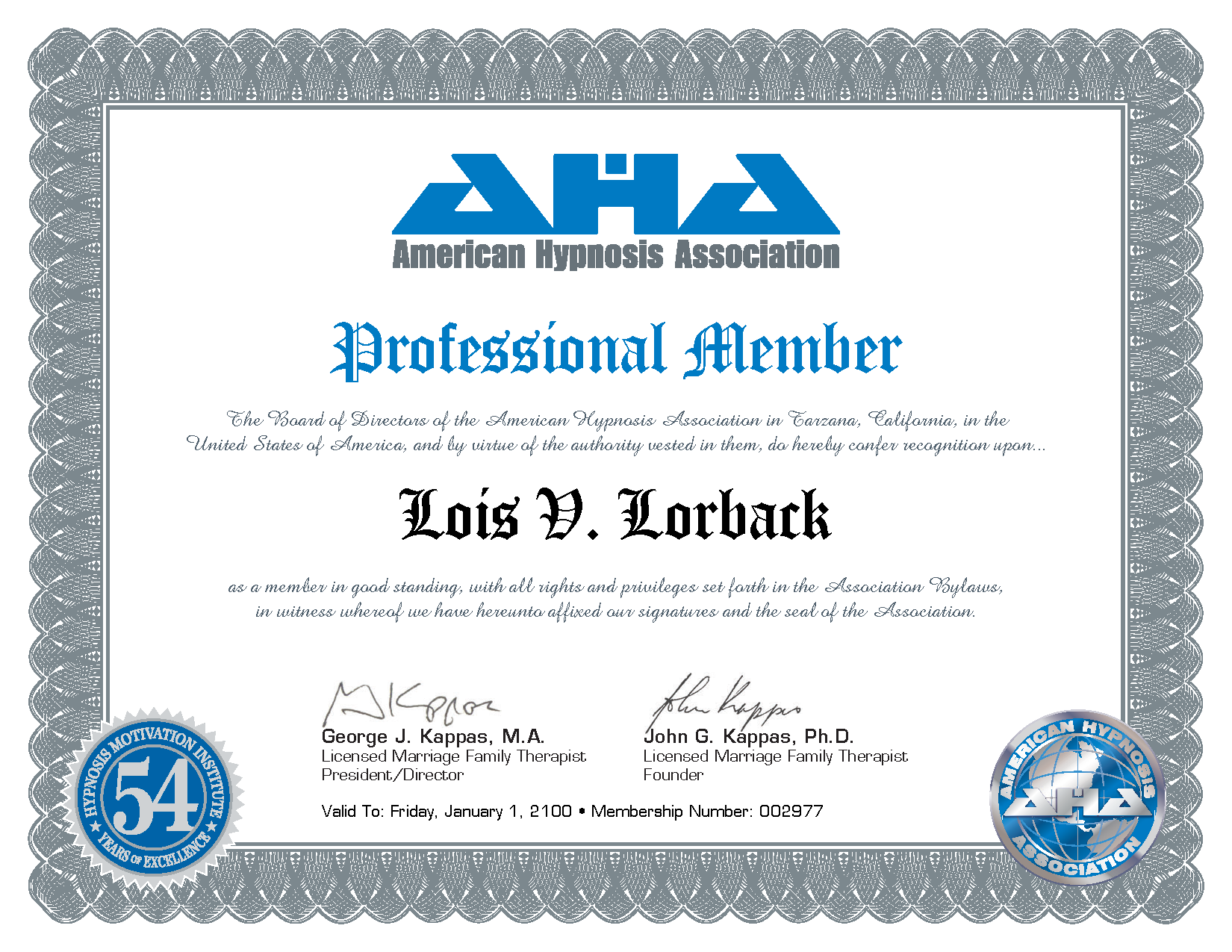 Lois Lorback AHA Professional Member Certificate