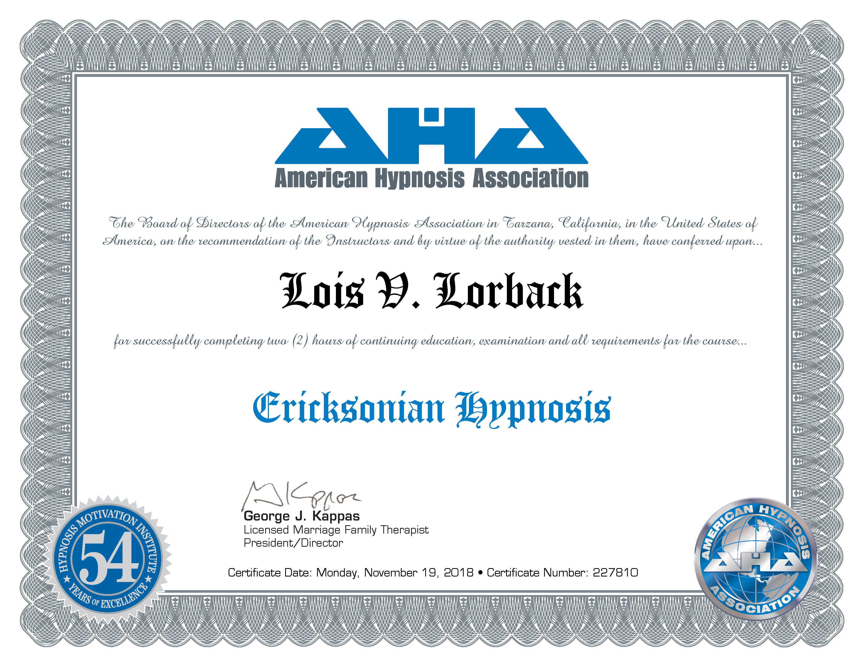 Lois Lorback Ericksonian Hypnosis Certificate
