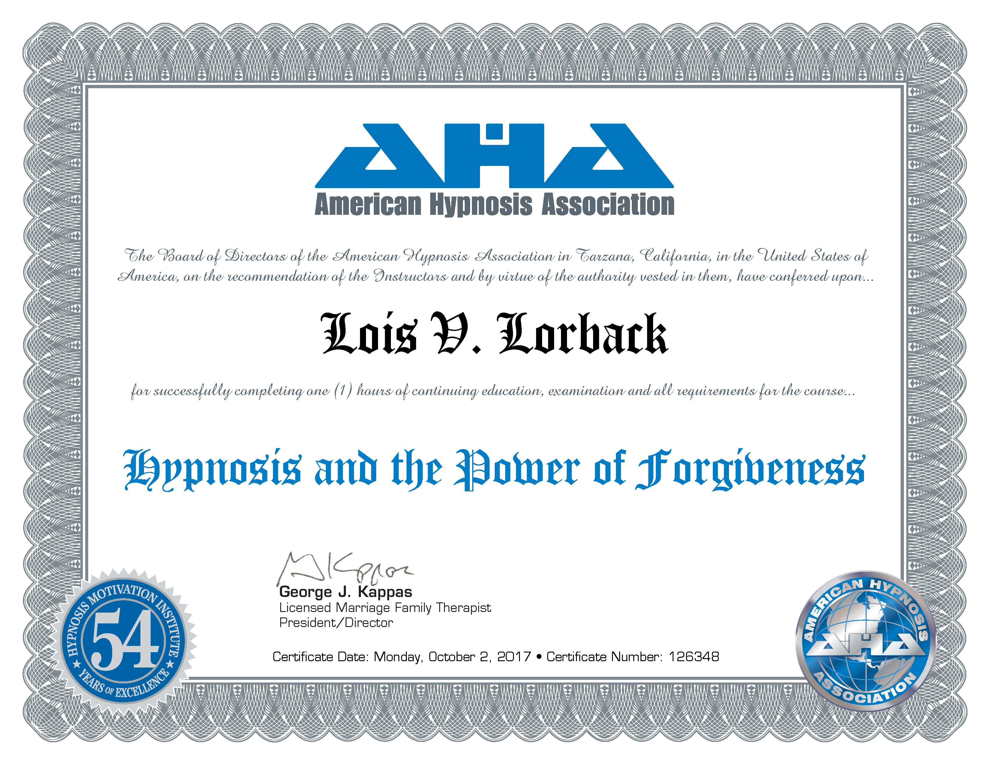 Lois Lorback Forgiveness Certificate