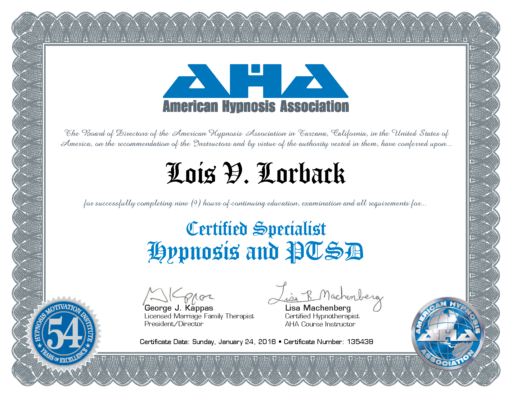 Lois Lorback Hypnosis and PTSD Certificate