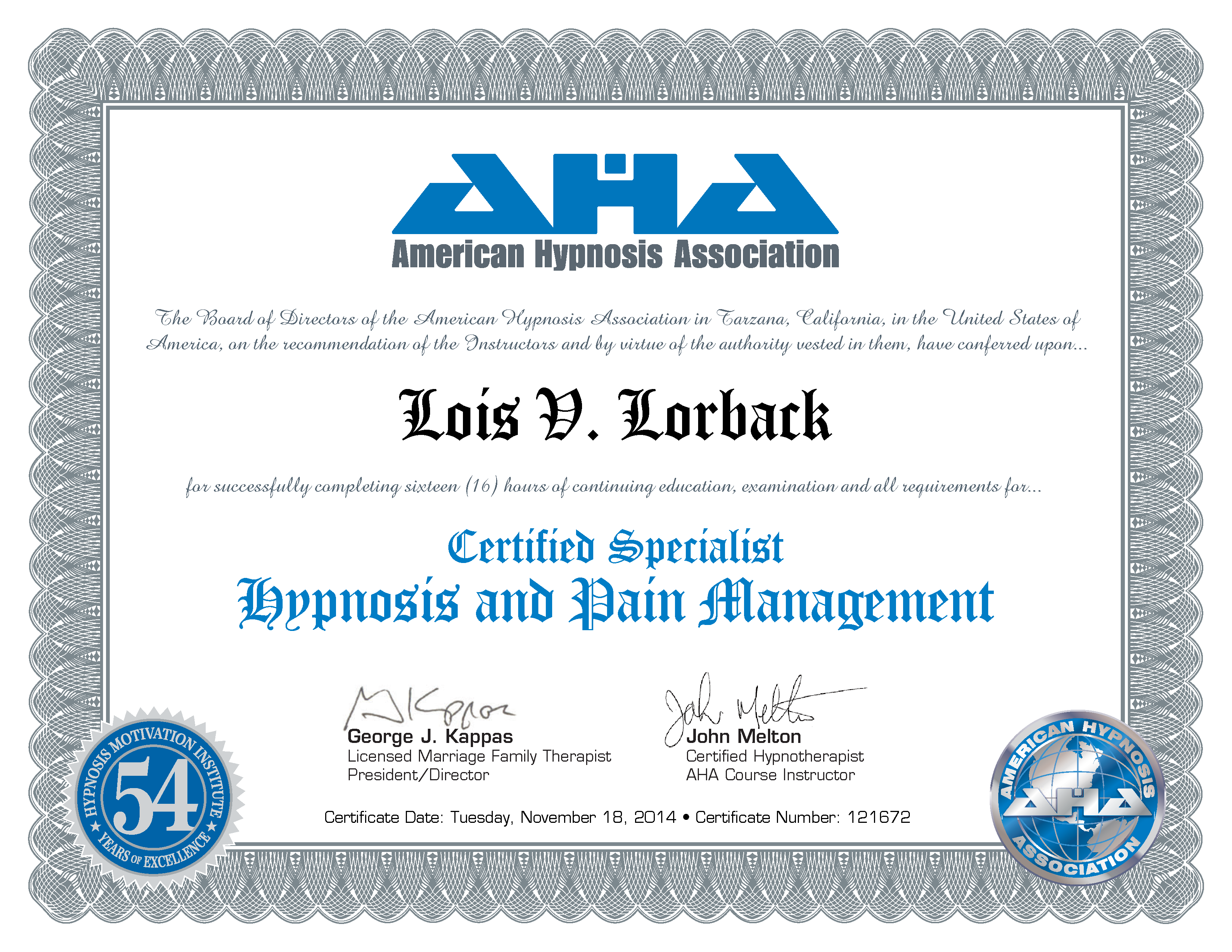 Lois Lorback Hypnosis and Pain Management Certificate
