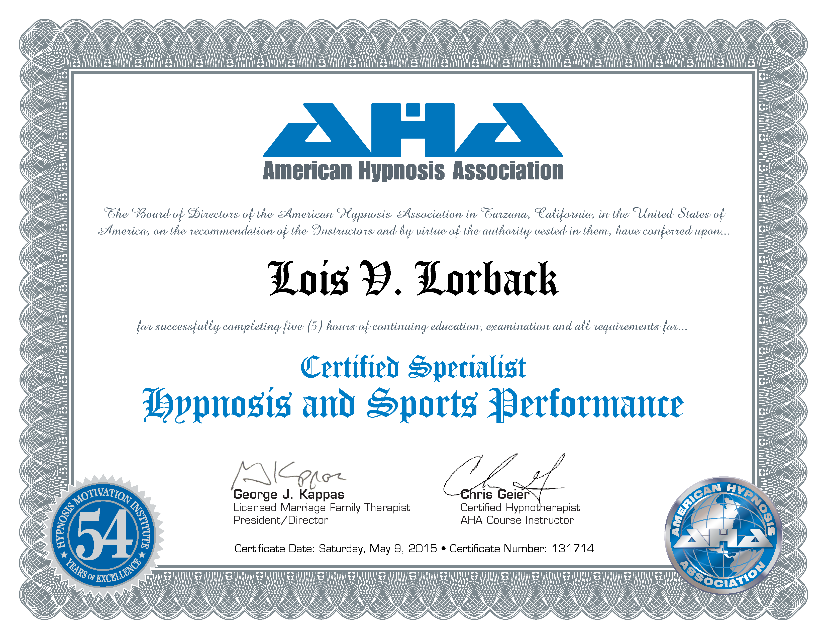 Lois Lorback Hypnosis and Sports Performance Certificate