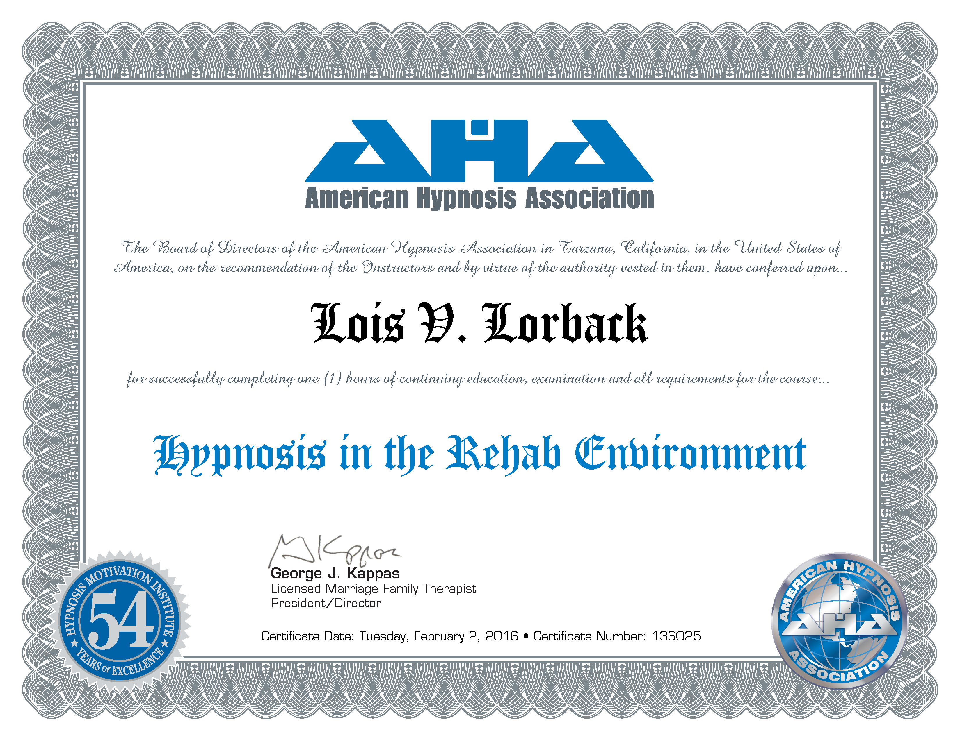 Lois Lorback Hypnosis in the Rehab Environment Certificate