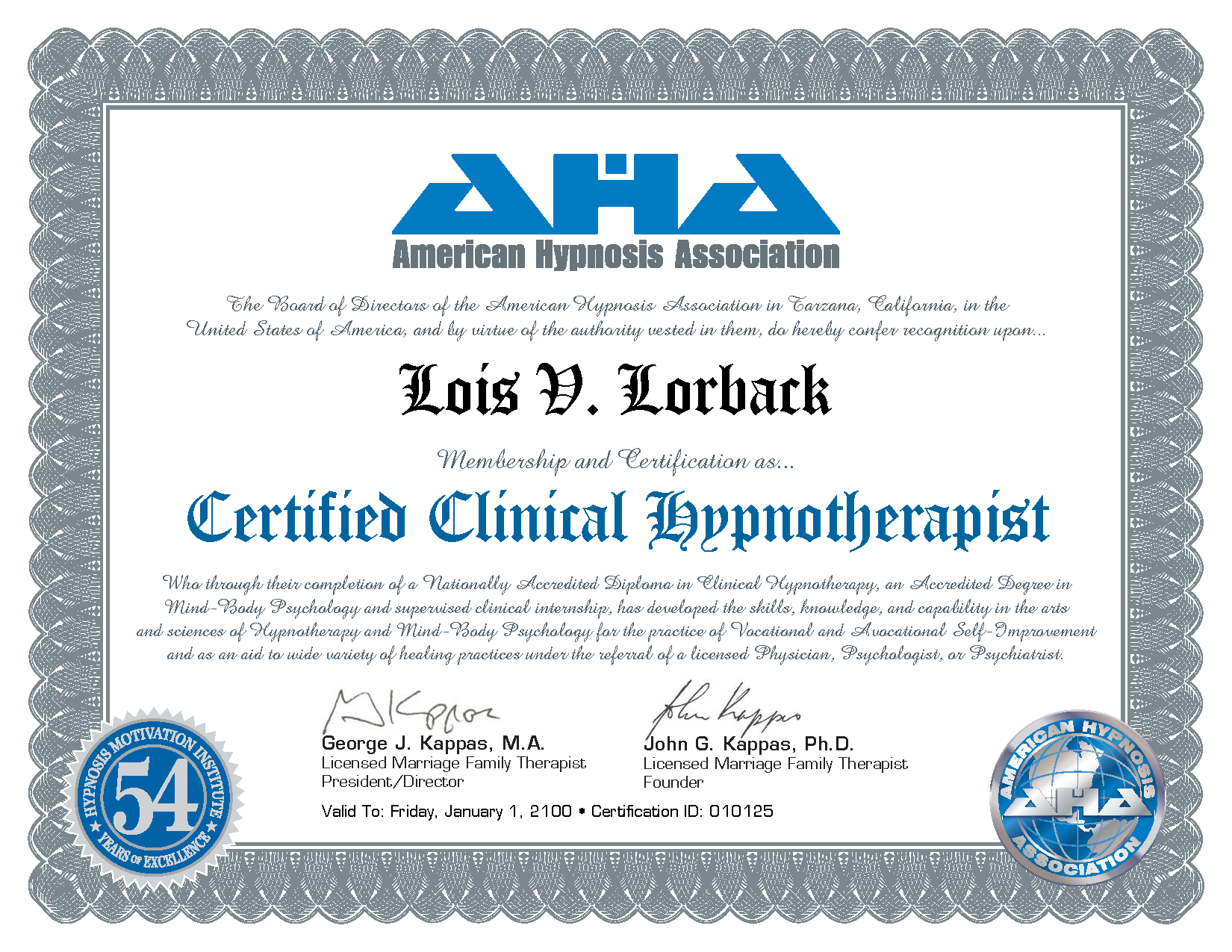 Lois Lorback Hypnotherapy Diploma