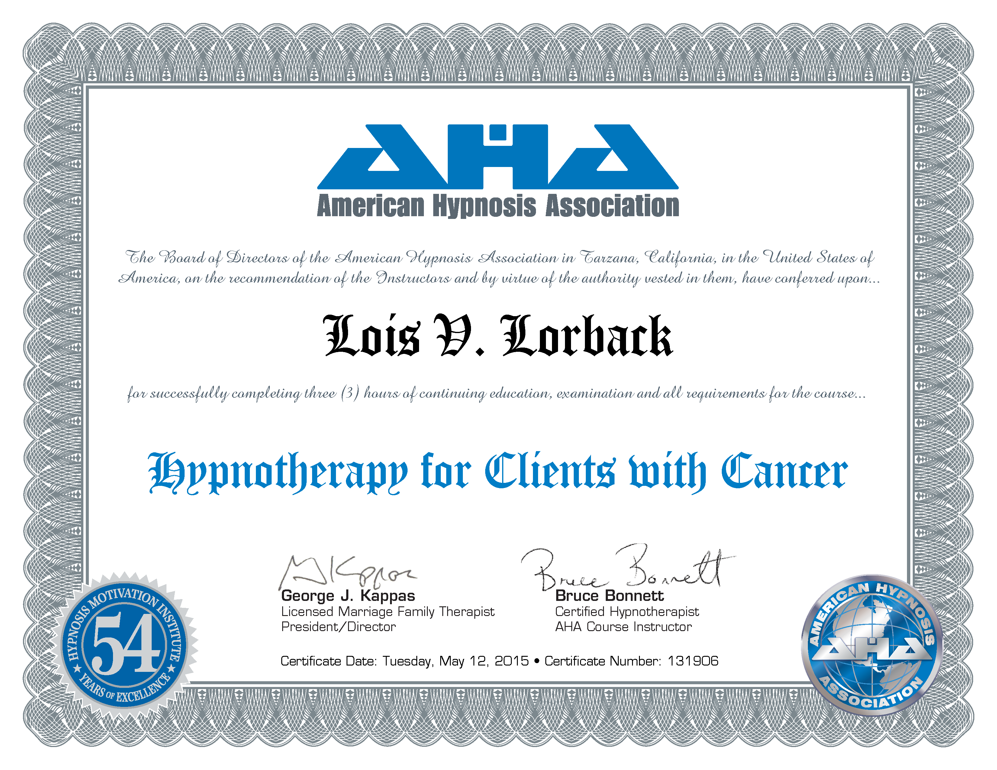 Lois Lorback Hypnotherapy for Clients with Cancer Certificate