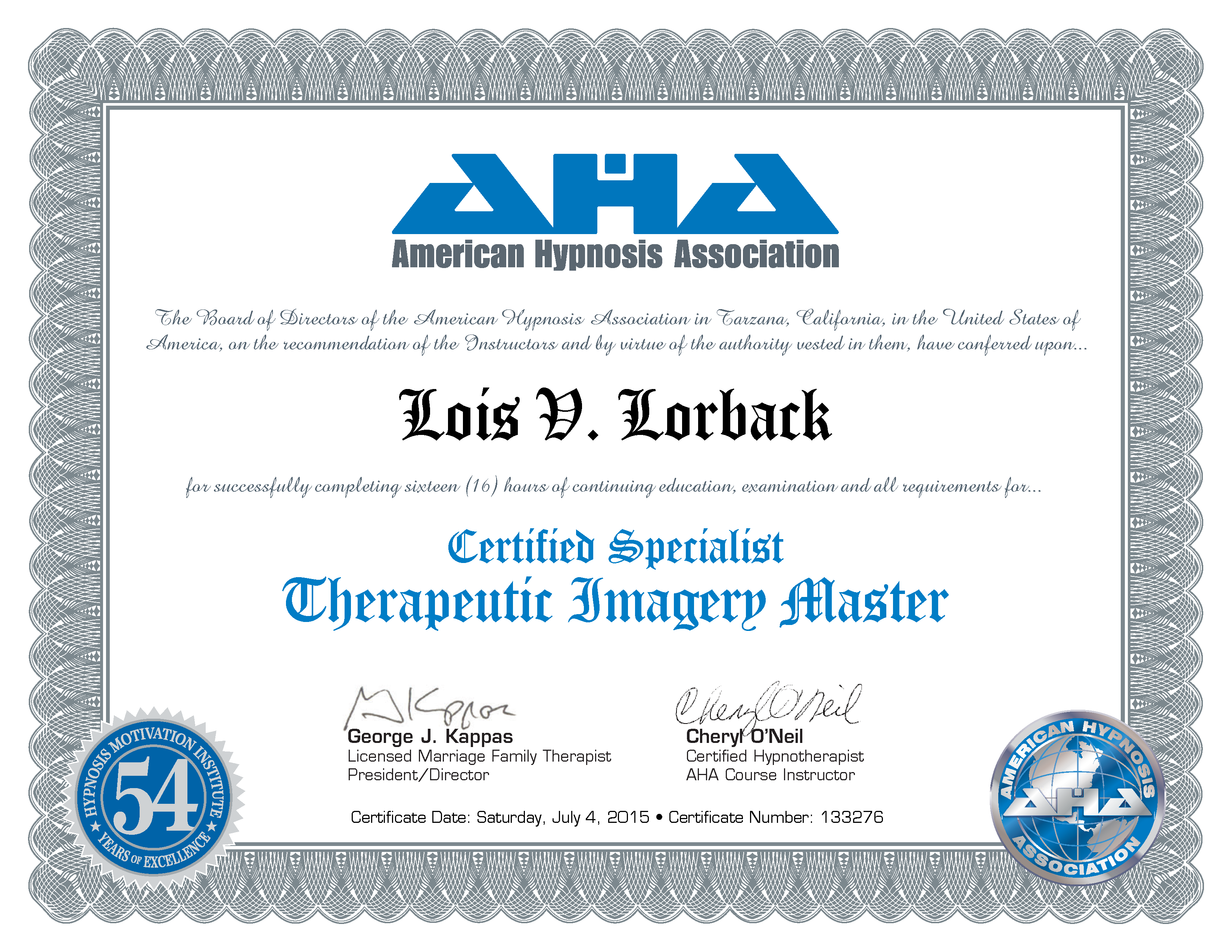 Lois Lorback Therapeutic Imagery Master Certificate