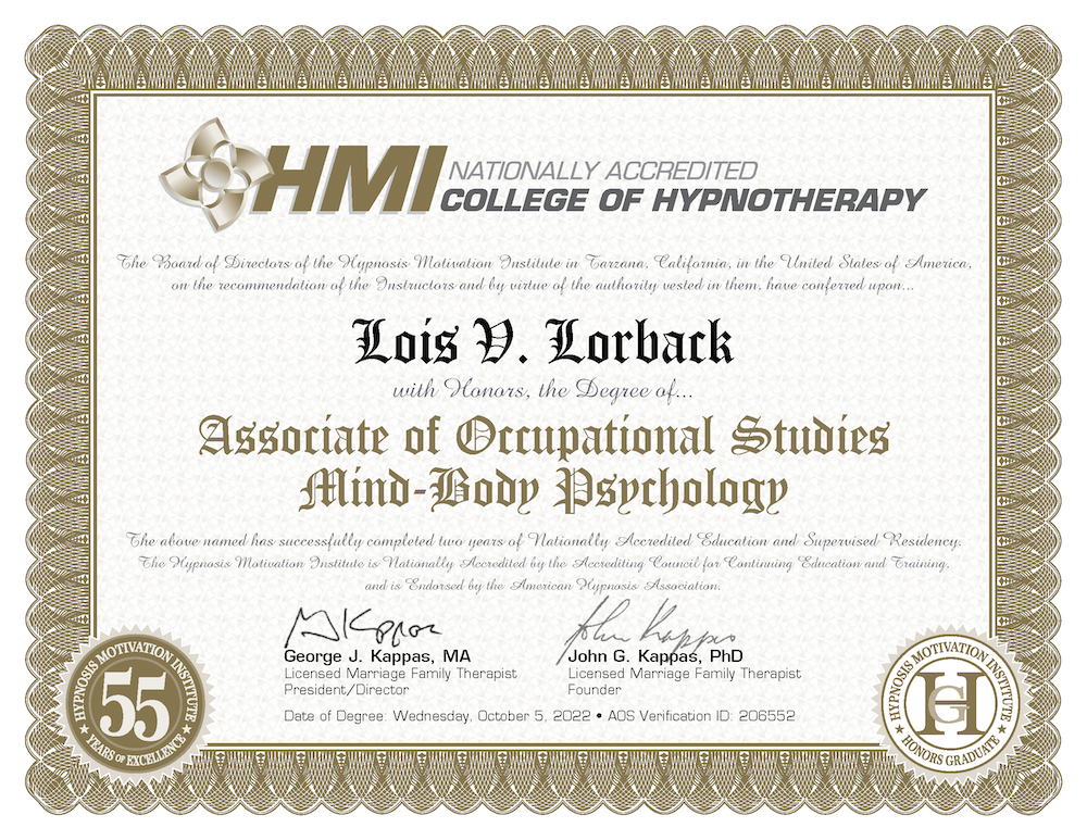 positive mind hypnosis, Lois Lorbaxk AOS Degree